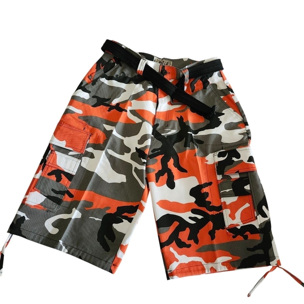 Men’s Orange Camo Cargo Shorts with Belt – Urban Streetwear Style